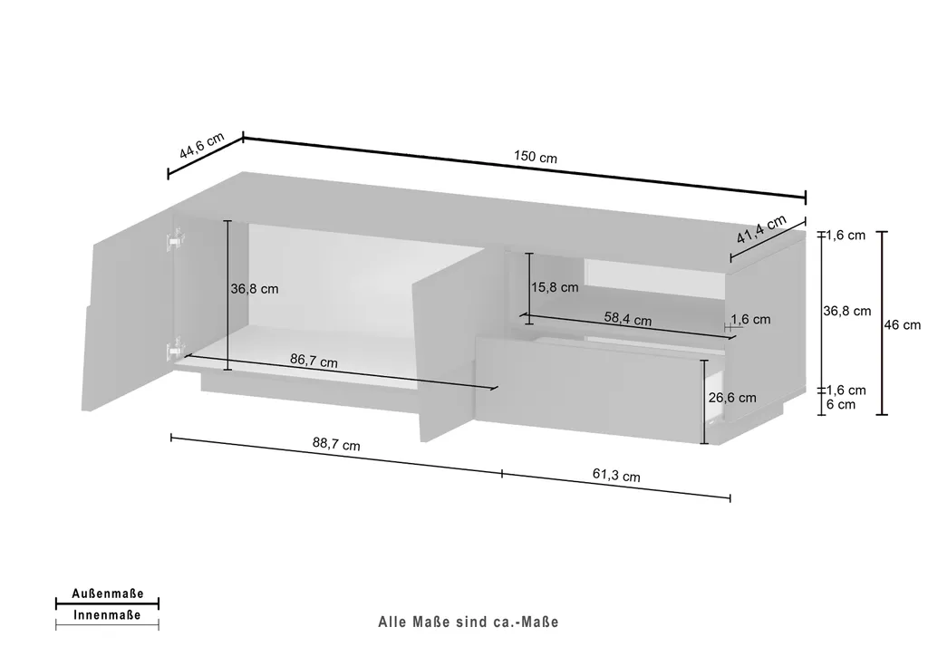 Meuble TV 150cm Blanc Brillant Bitonto avec Rangement Large Format