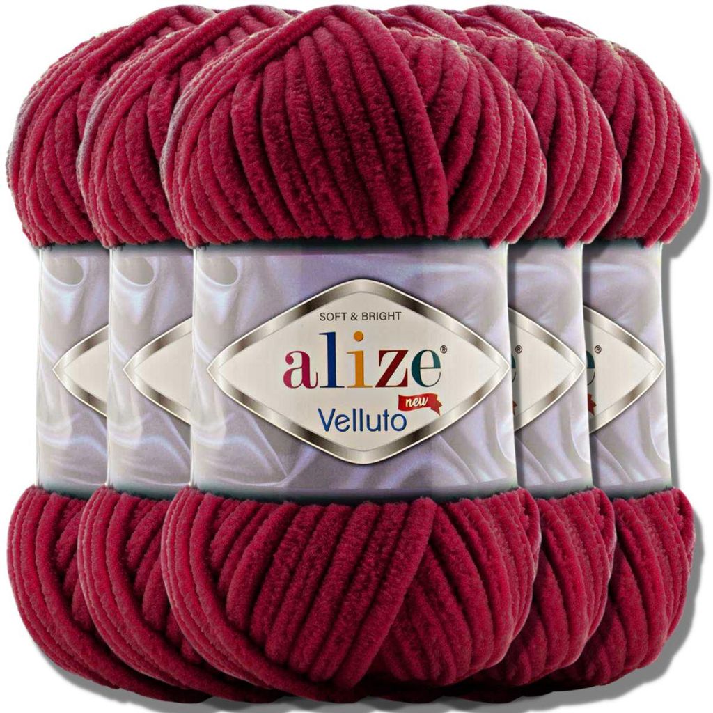Alize 5x 100g Velluto dicke Wolle, Uni, Chenille, Häkeln, Stricken (Cherry | 107)