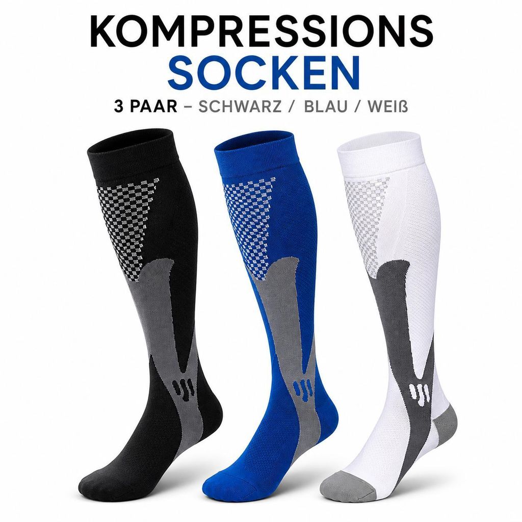 3x Kompressionsstrümpfe Herren Damen Schwarz+Blau+Weiss Produktbild 