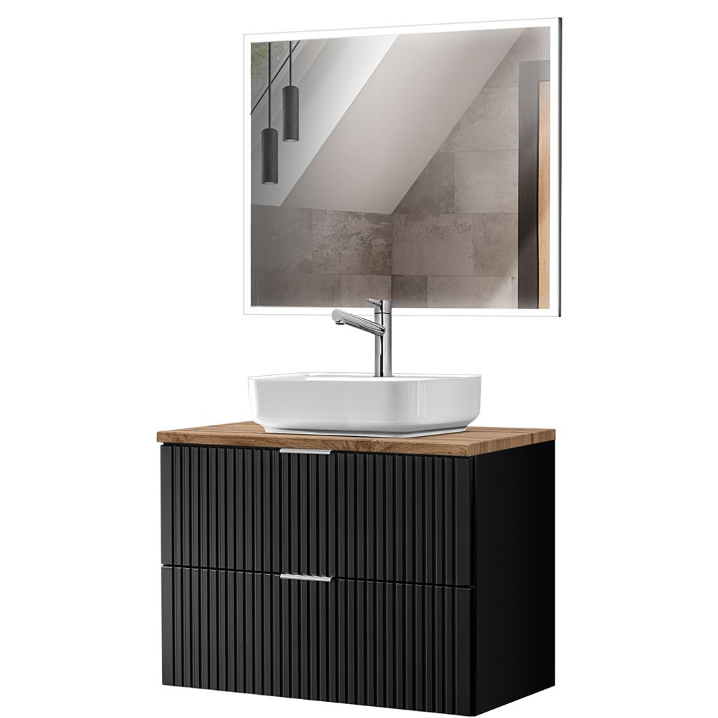 Badmöbel Waschtisch mit Keramik Aufsatzbecken und rechteckigem LED Spiegel, matt schwarz mit Eiche Nb., gerillte Front, ADELAIDE-56-BLACK, B/H/T c...
