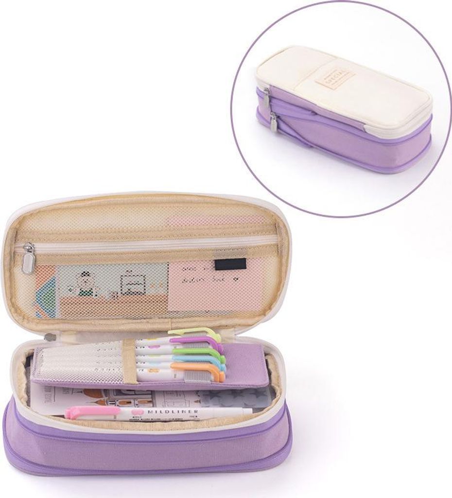 Federmäppchen, großes Fassungsvermögen, Farbspleißung, doppellagig, einfacher Stil, Reißverschluss-Design, Stifthaltertasche für Studenten, Lila