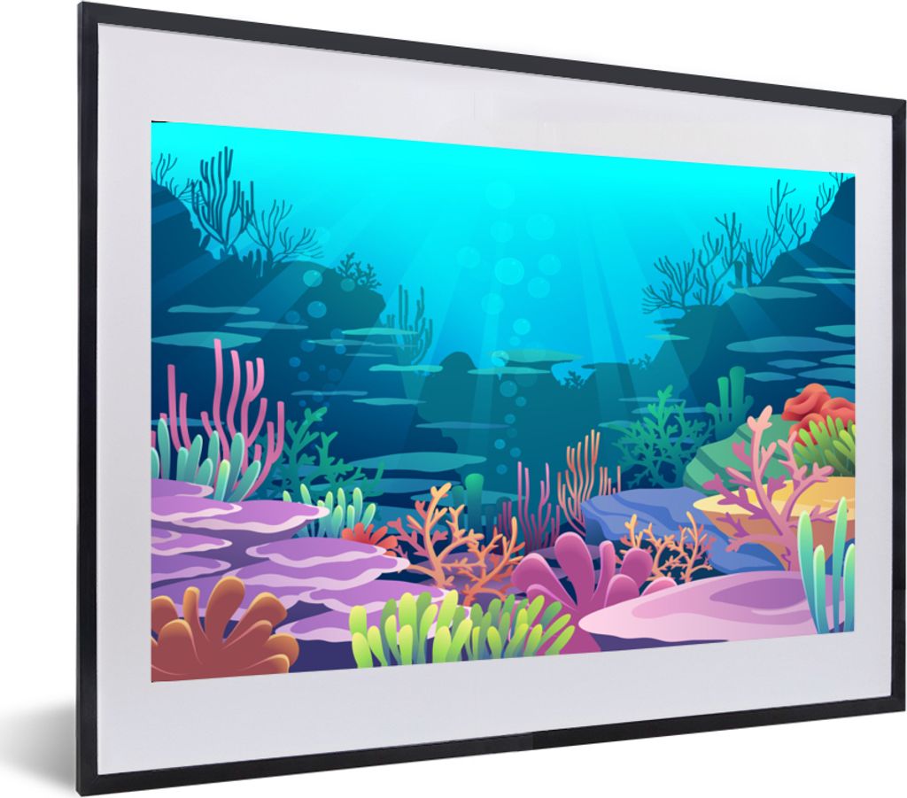 MuchoWow MuchoWow Gerahmtes Poster Meer - Korallen - Unterwasserwelt - Illustration 60x40 cm - Poster mit zchwarzem Bilderrahmen - Schlafzimmer...