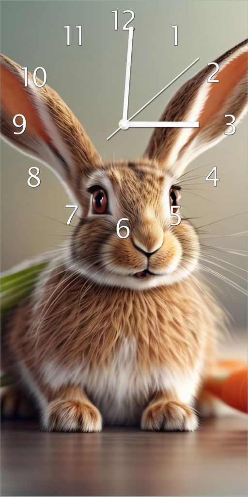 Wallario Design Wanduhr Flauschiger Hase mit Möhren aus Echtglas, Größe 30 x 60 cm