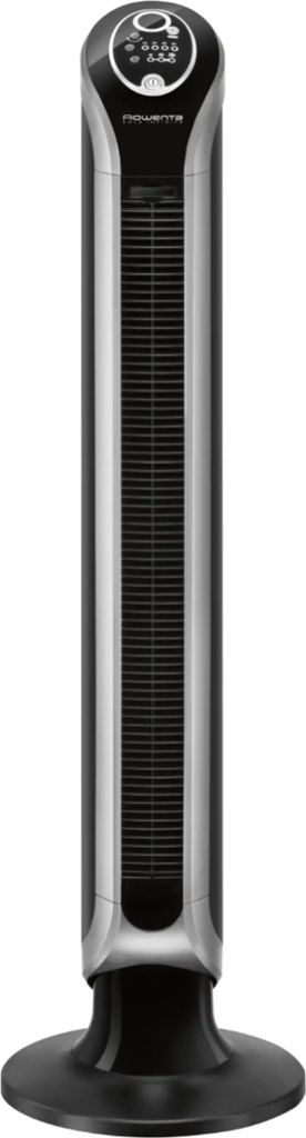 A studio shot of a black and silver tower fan against a white background.