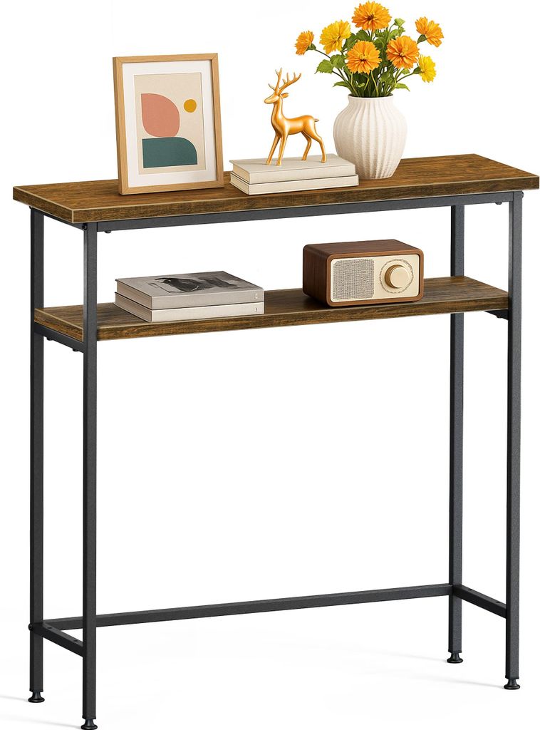 VOUNOT Schmaler Konsolentisch mit 2 Ablagen, Flurtisch aus Metall und MDF, Industrie-design 75×24×75 cm, Braun