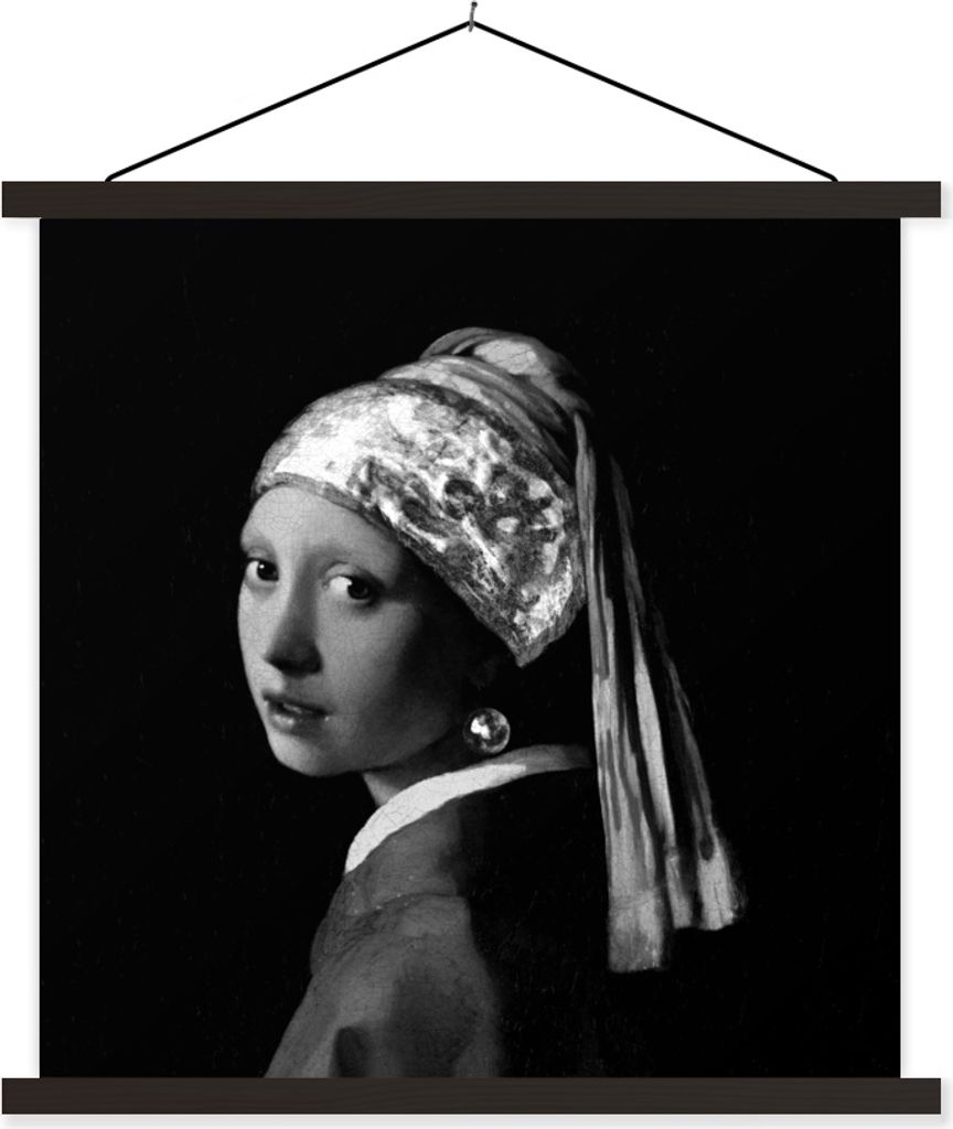 MuchoWow Textilposter Das Mädchen mit dem Perlenohrring - Johannes Vermeer - Schwarz und weiß 60x60 cm mit schwarzem Rahmen - Posteraufhänger