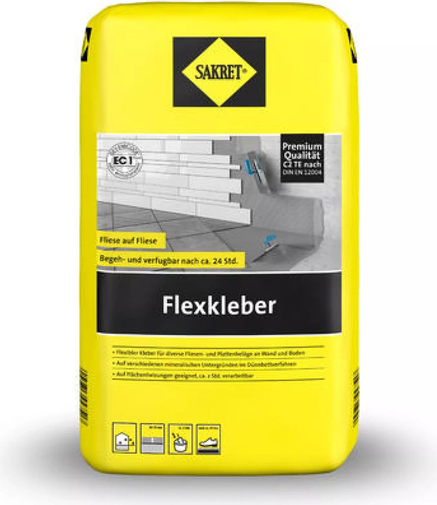 SAKRET Flexkleber Fliesenkleber zementgebunden grau 5 kg frostbeständig für Feinsteinzeug und Fliese auf Fliese
