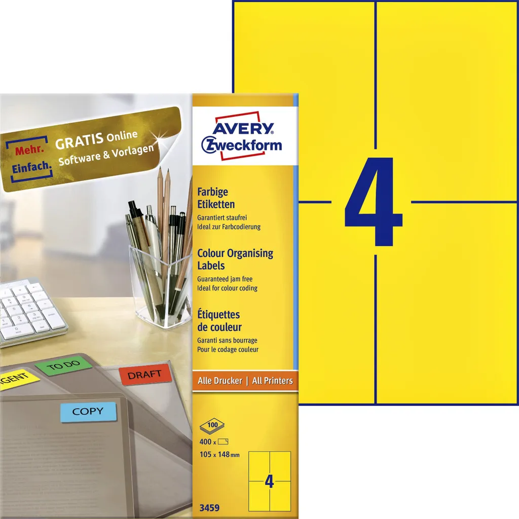 Avery 3459 Etichette Gialle A4 105x148mm - 400 Pezzi per Ufficio - 11