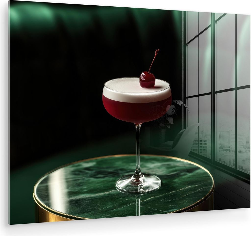 MuchoWow Glasbilder - Bilder auf Wandbild - Foto auf Glas Kirsche - Cocktail - Rot - Marmor 40x30 cm Wanddekoration aus Glas - Acrylglasbild - Acry...