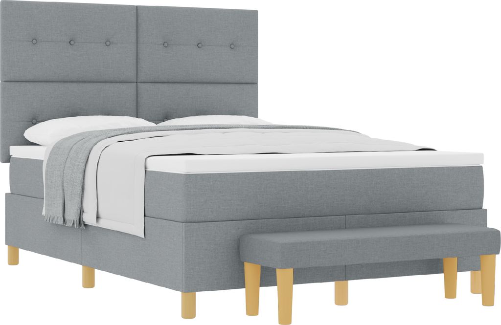 Möbel Bettrahmen, Boxspringbett mit Matratze & Bank Hellgrau 140x200 cm Stoff - Klassische Betten Neu27518