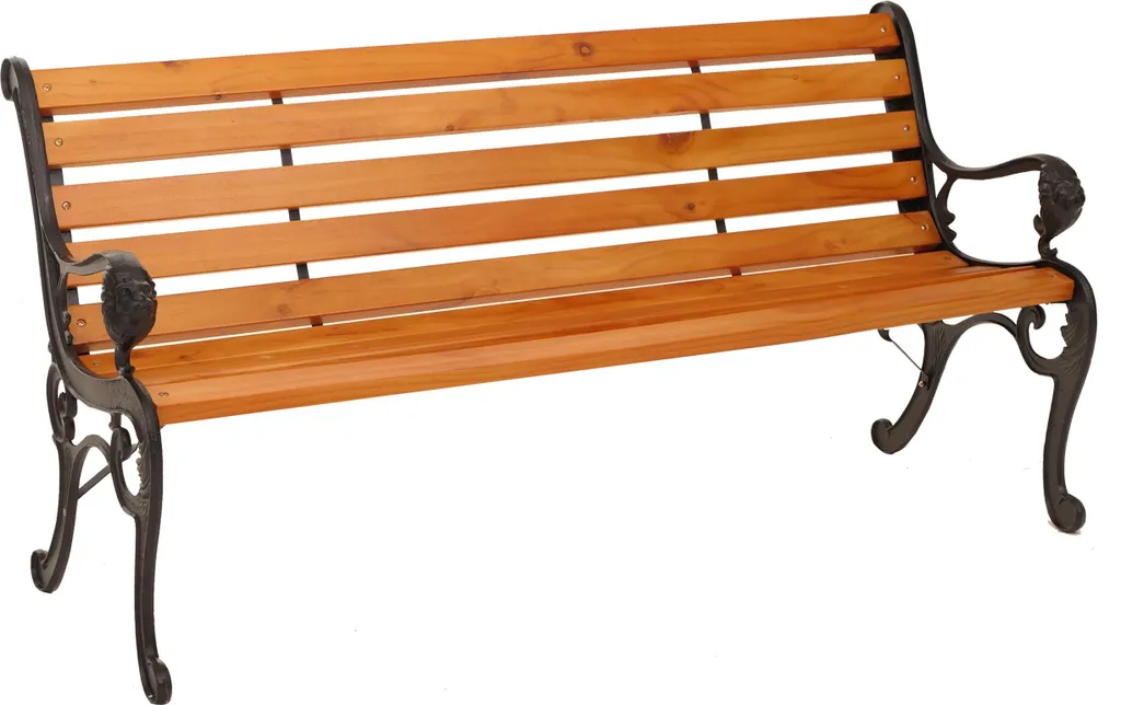Banc de jardin 164cm en bois de pin et fonte, finition teck style rétro