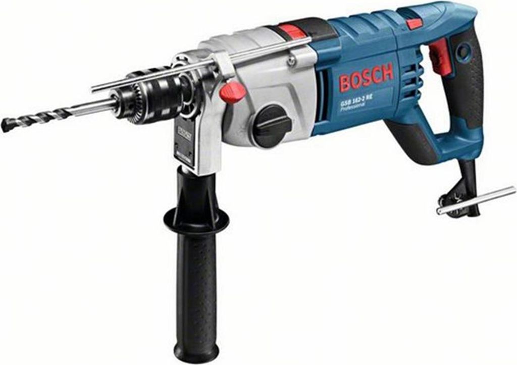A Bosch rotary hammer drill with a side handle and drill bit, shown against a white background.