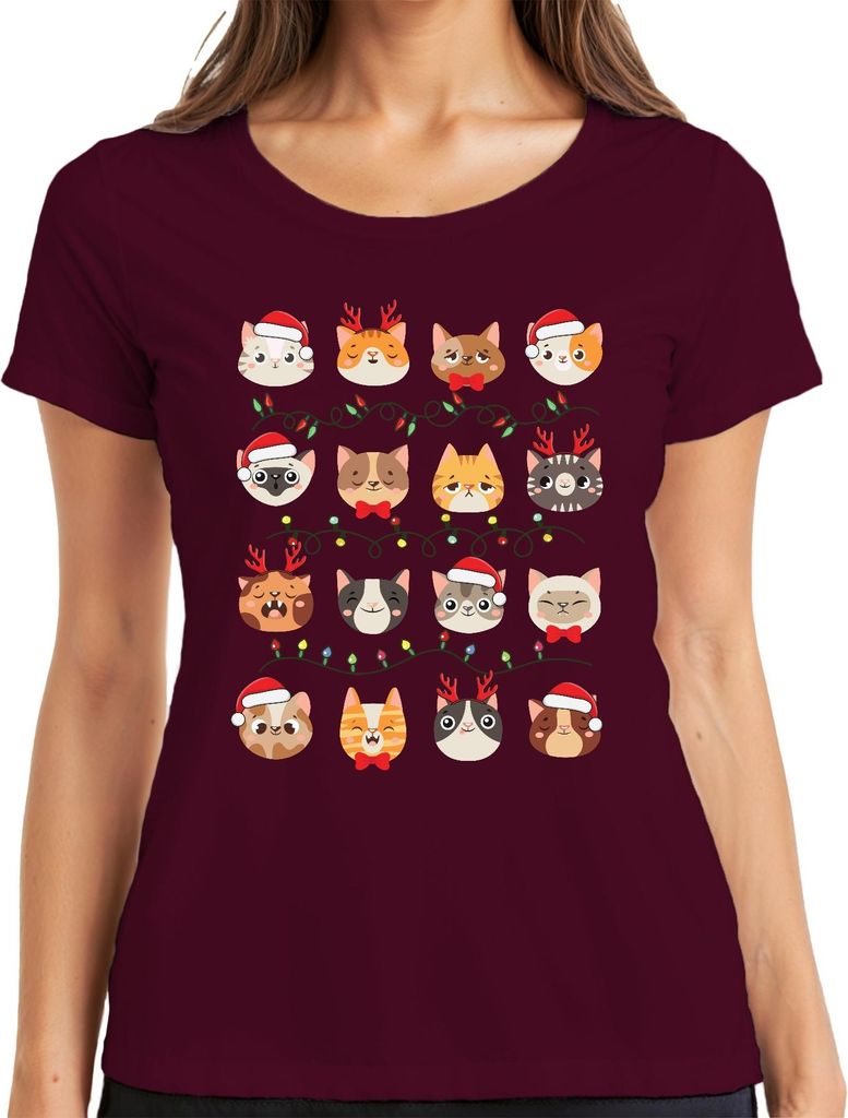 Katzen Weihnachten Festtage - Weihnachtsgeschenk Christmas Damen T-Shirt, Burgundy, S
