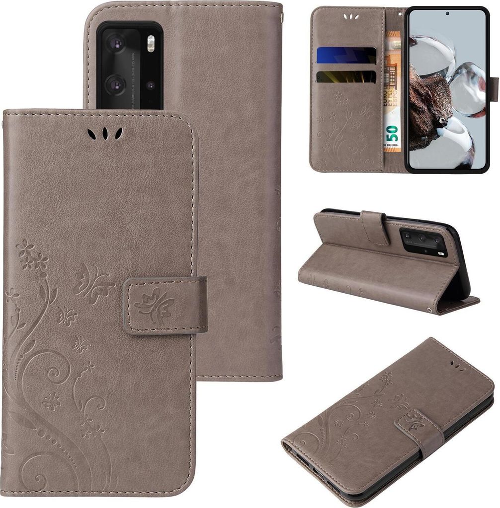 Handyhülle für Huawei P40 Pro Floral Blumen Schmetterling Flip Cover Hülle Case Klapphülle Handytasche Farbe: Grau