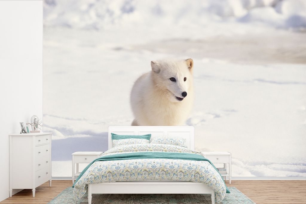 MuchoWow Fototapete für Wohnzimmer oder Schlafzimmer Wandtapete Vinyl Motivtapete Fuchs - Schnee - Weiß - 600x400 cm - Vinyltapeten