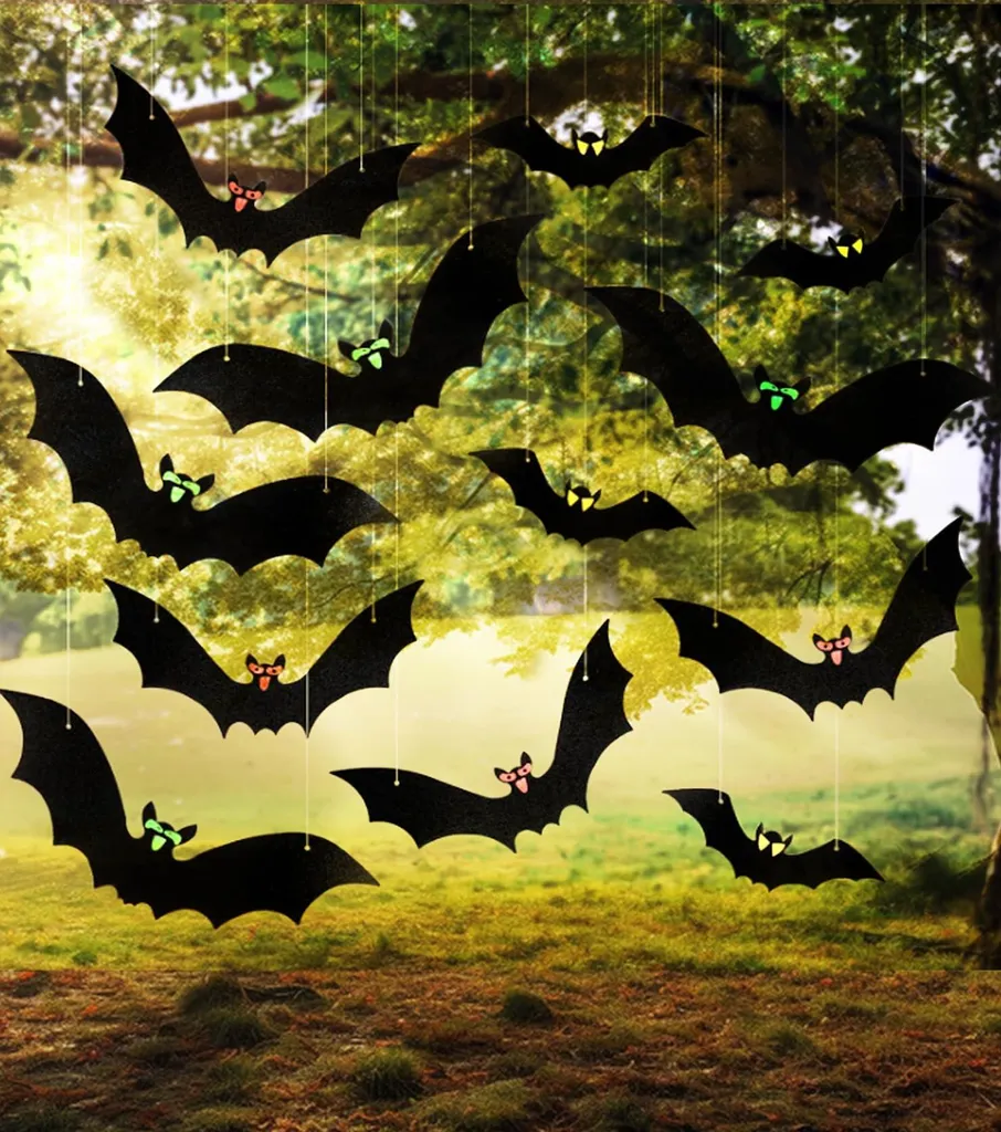 Déco Halloween Intérieur Extérieur - 18 Chauves-souris de Jardin avec Fil