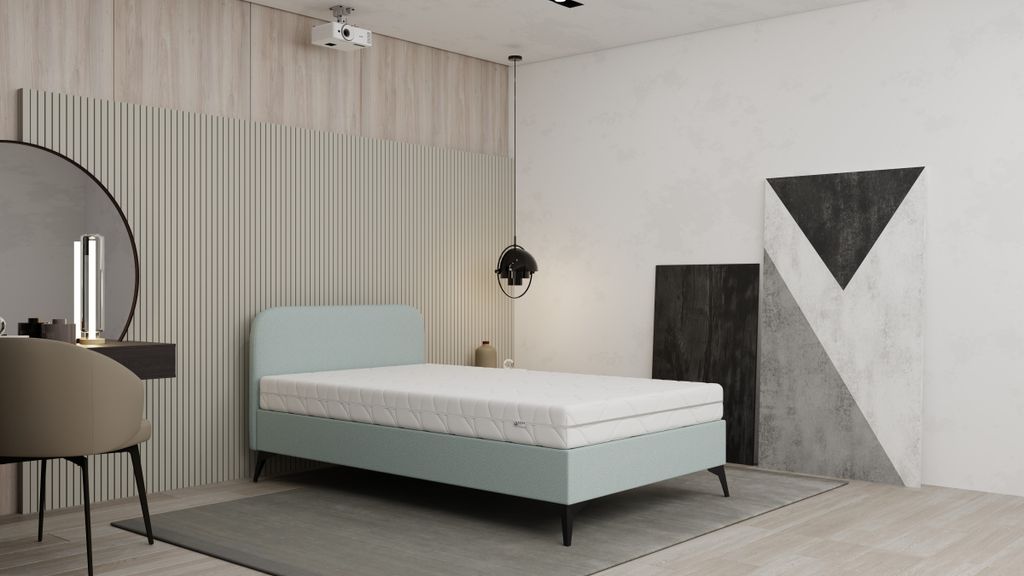 Polsterbett MAVILO - Komfortbett mit Stauraum, Einzelbett, 120x200cm,Blau, Bonellfederkernmatratze, H2/H3