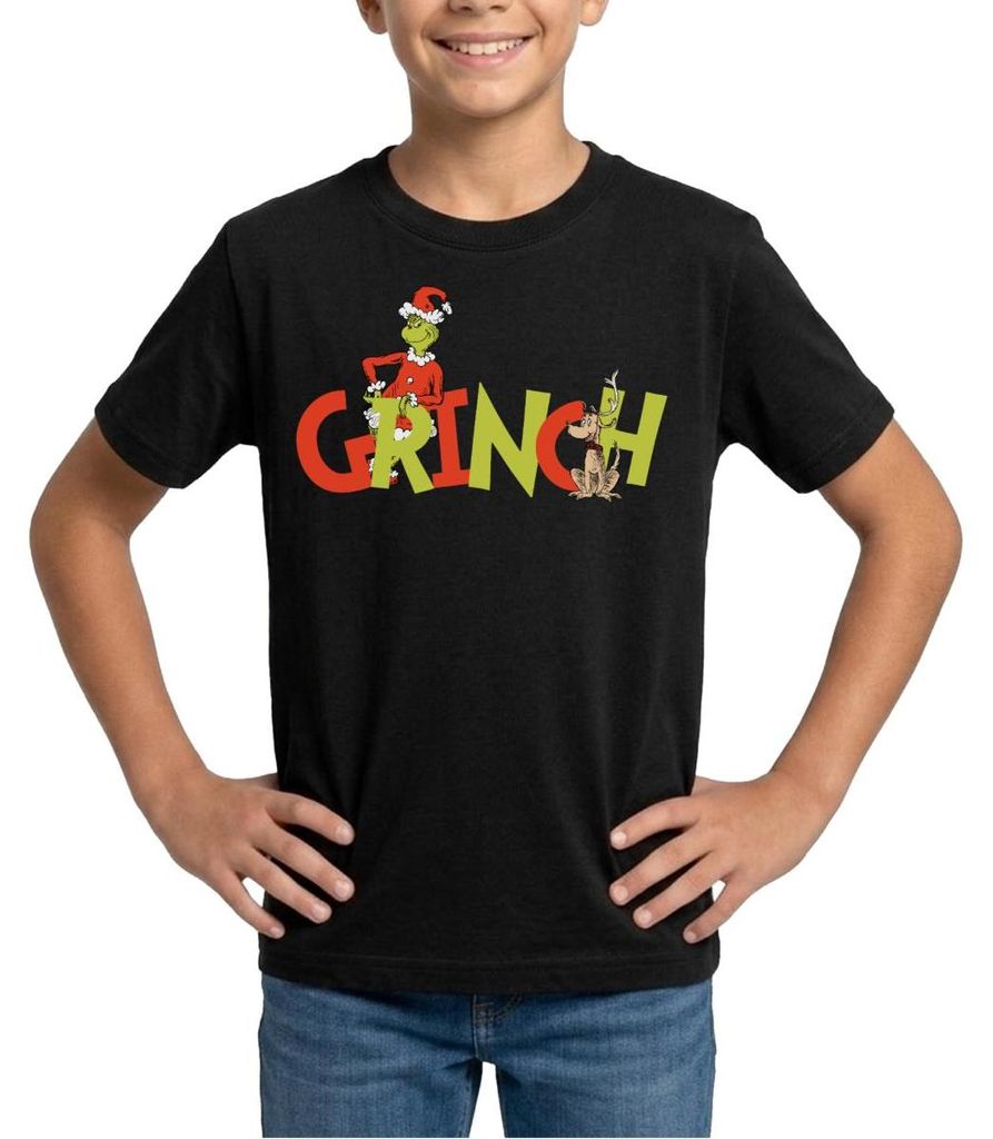 Spreadshirt Der Grinch Schriftzug Mit Grinch & Hund Max Teenager T-Shirt, 152/164 (12-14 Jahre), Schwarz
