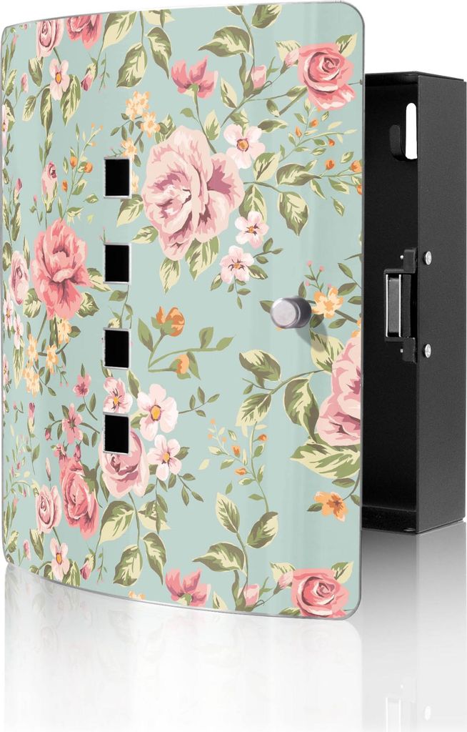 banjado Design Schlüsselkasten aus Edelstahl für 10 Schlüssel, Schlüsselschrank 24 x 21,5 x 7cm groß mit Magnetverschluss, Altrosa Blume [BWSK...