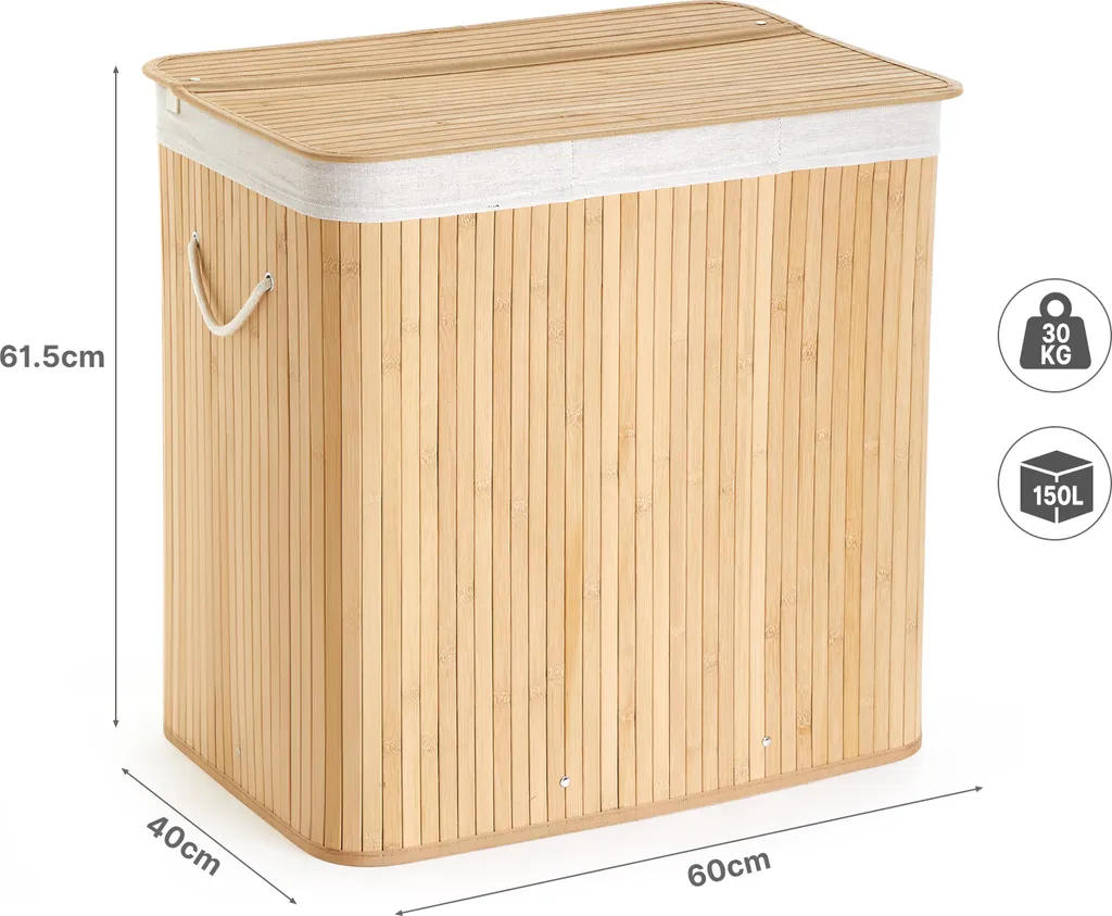 Fini le Tri ! Panier à Linge 150L Bambou 3 Compartiments Séparés - Zen - 10