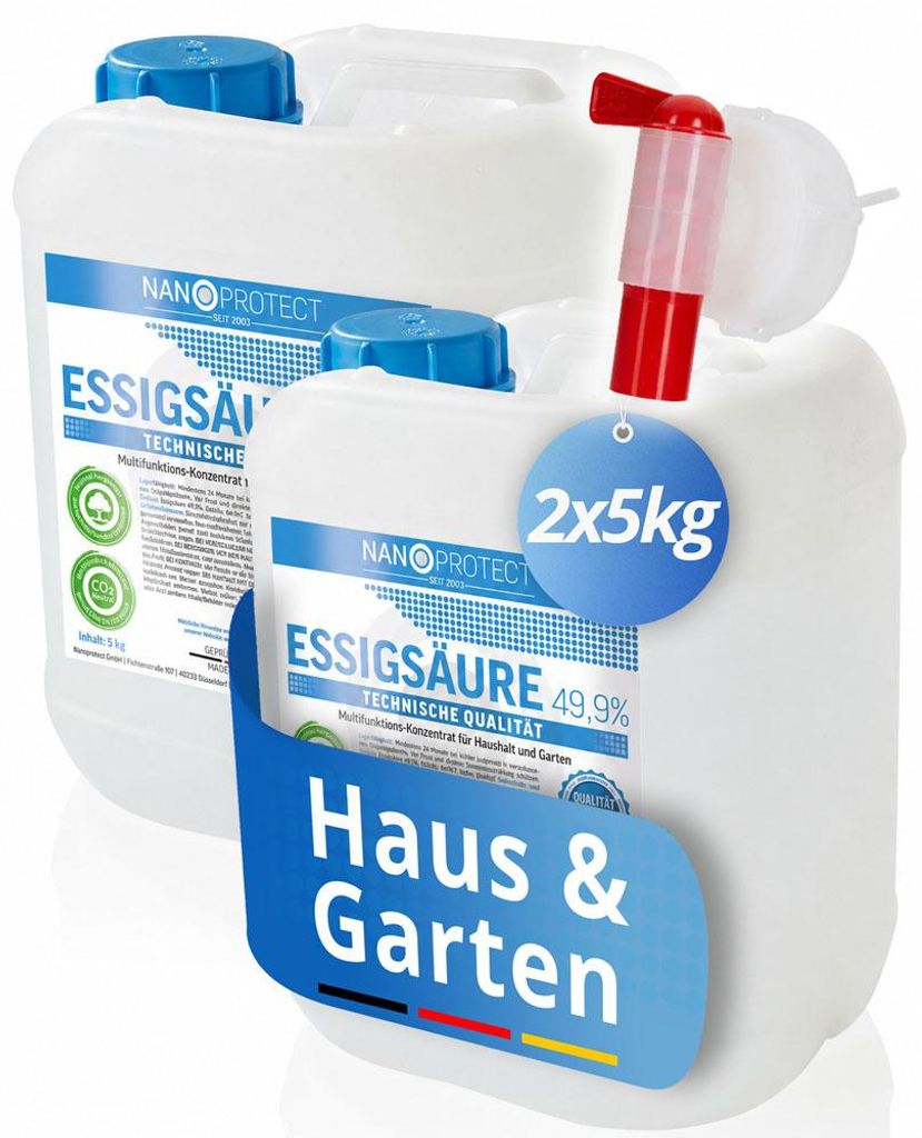 Nanoprotect Essigsäure Klimaneutral - 10 kg inkl. Auslaufhahn | 49,9% | Nachhaltig und CO2 neutral | Ideal als Reiniger und Entkalker | Für Haus ...