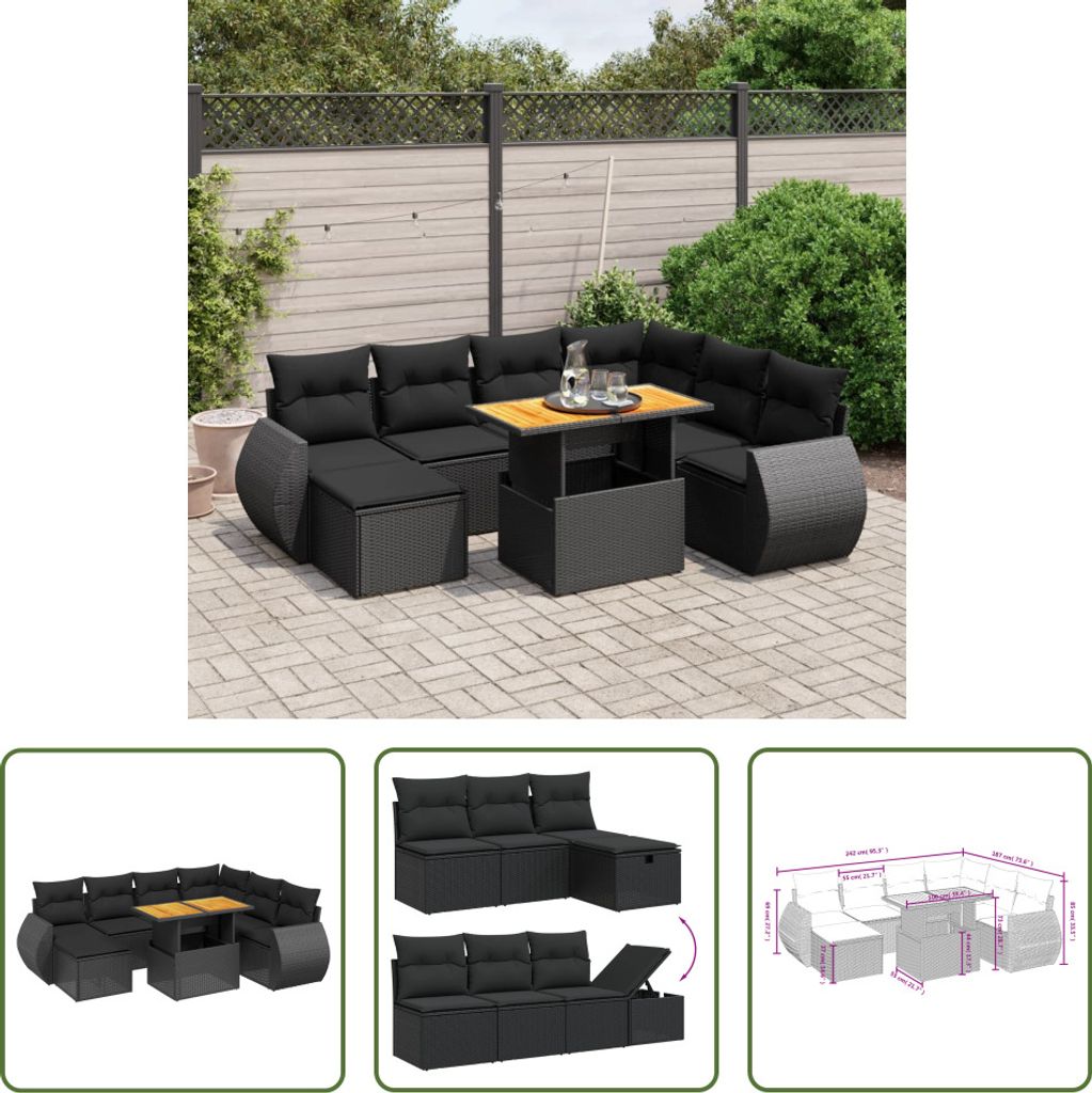 The Living Store 8-tlg. Garten-Sofagarnitur mit Kissen Schwarz Poly Rattan