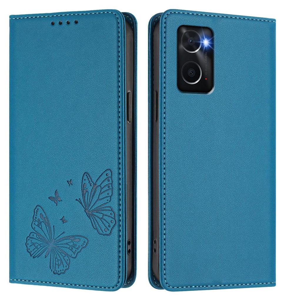 Lederhülle für Oppo A36/Oppo A76/Oppo A96/Oppo K10 4G, Schmetterling Prägung Leder Brieftasche Schutzhülle mit Ständer Blau