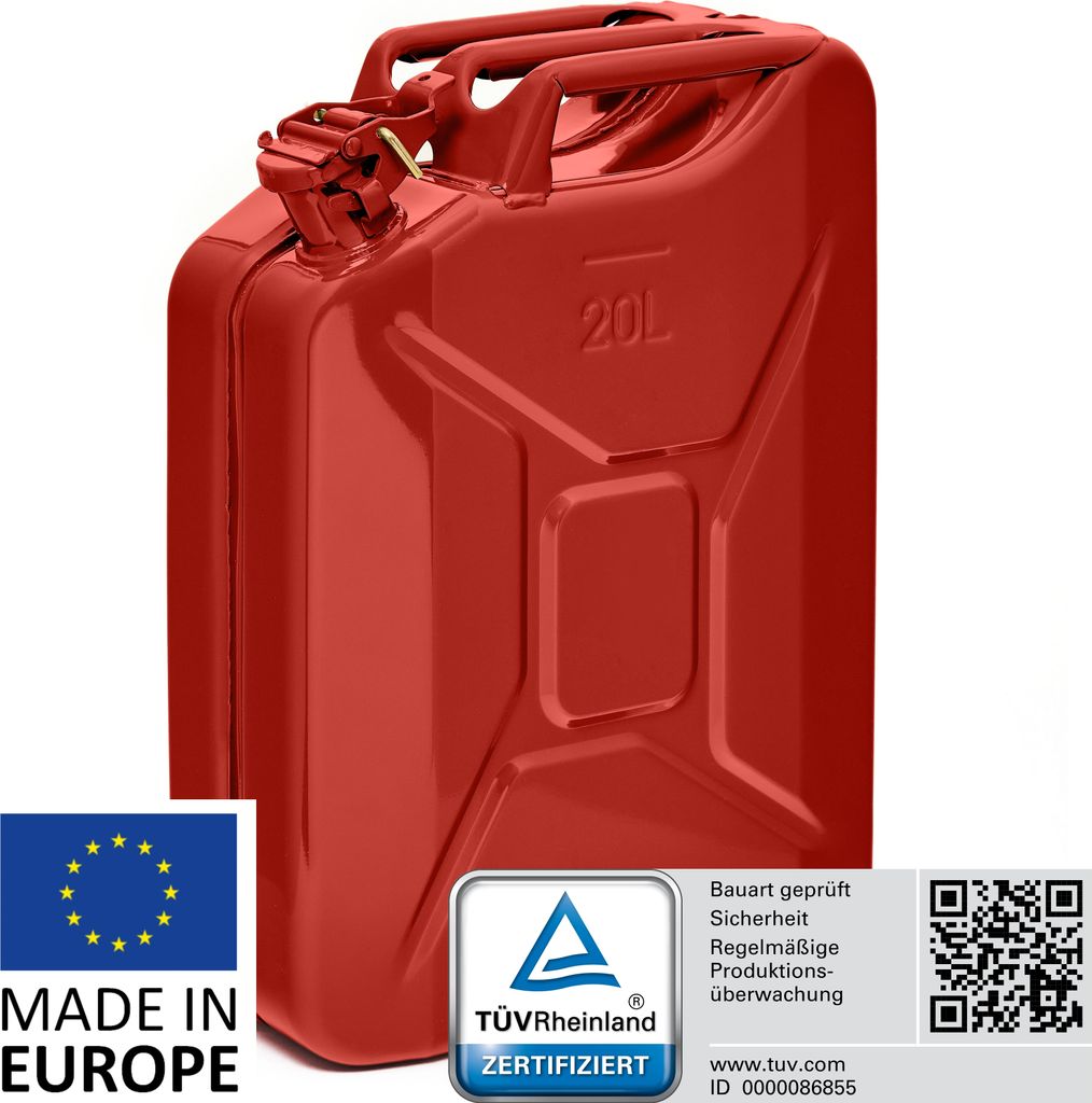 BW Kraftstoffkanister Metall Benzinkanister 20 Liter - Rot RAL 3000 - UN-Zulassung - Hergestellt in Europa