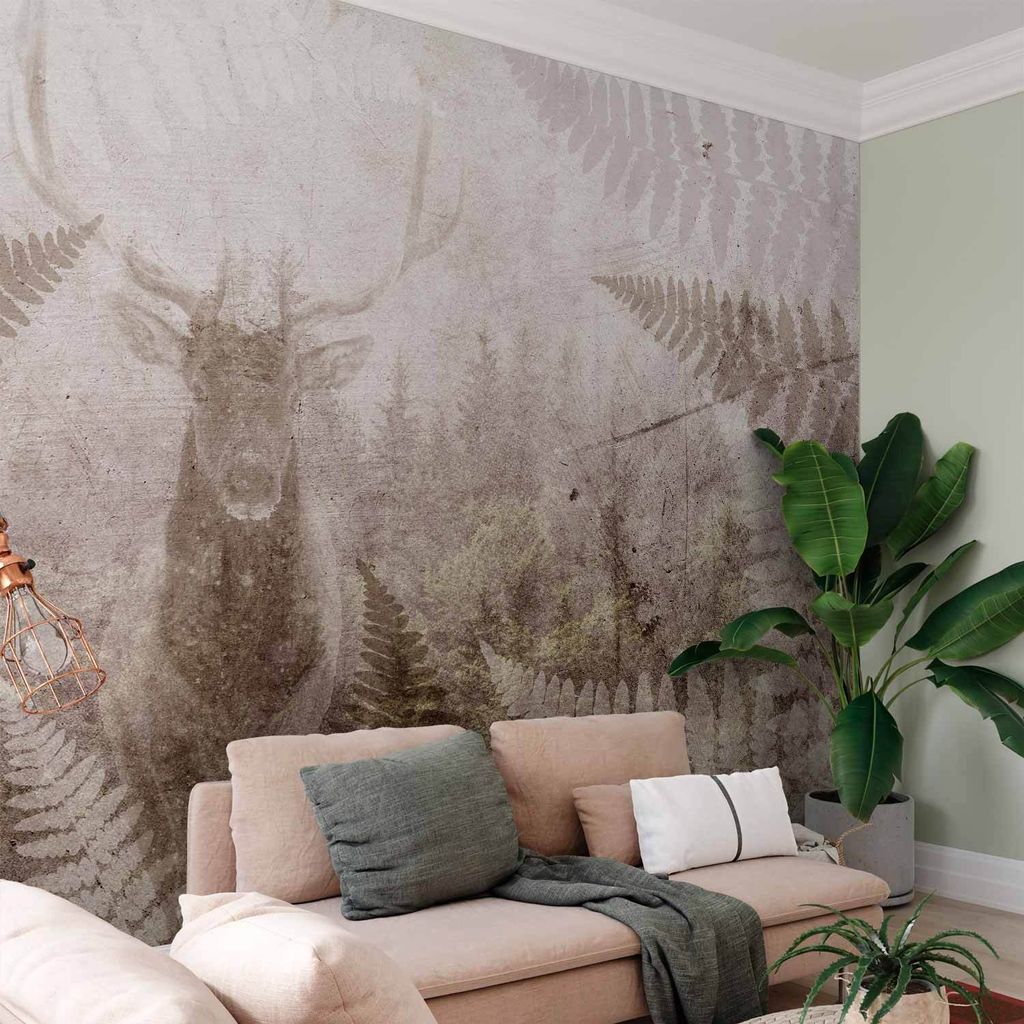 Vlies Fototapete - Forest motif - deer with antlers among fern leaves on concrete pattern 100x70 cm Tiere b-C-10020-a-b