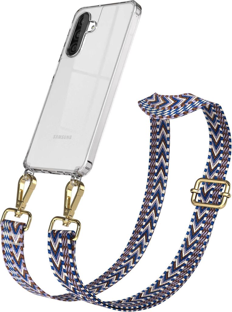 Samsung Galaxy A26 Chain Eyelets Slim Neck Strap Set Zig Zag Blue - White 16 Metall Gold