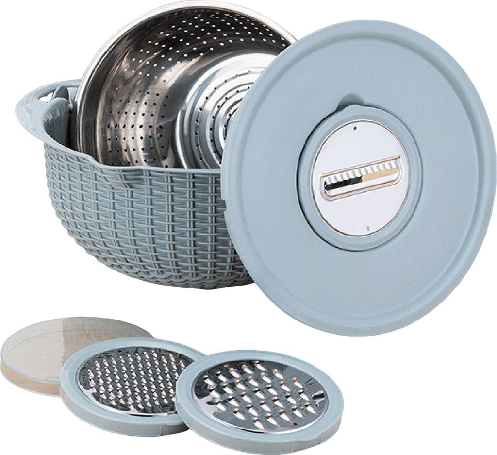 Lebensmittelsieb mit Rührschüssel, multifunktionales Edelstahlsieb, Obstreiniger mit 3 Schneidklingen, Lebensmittelschneider, Reibe, Küchenhelfer