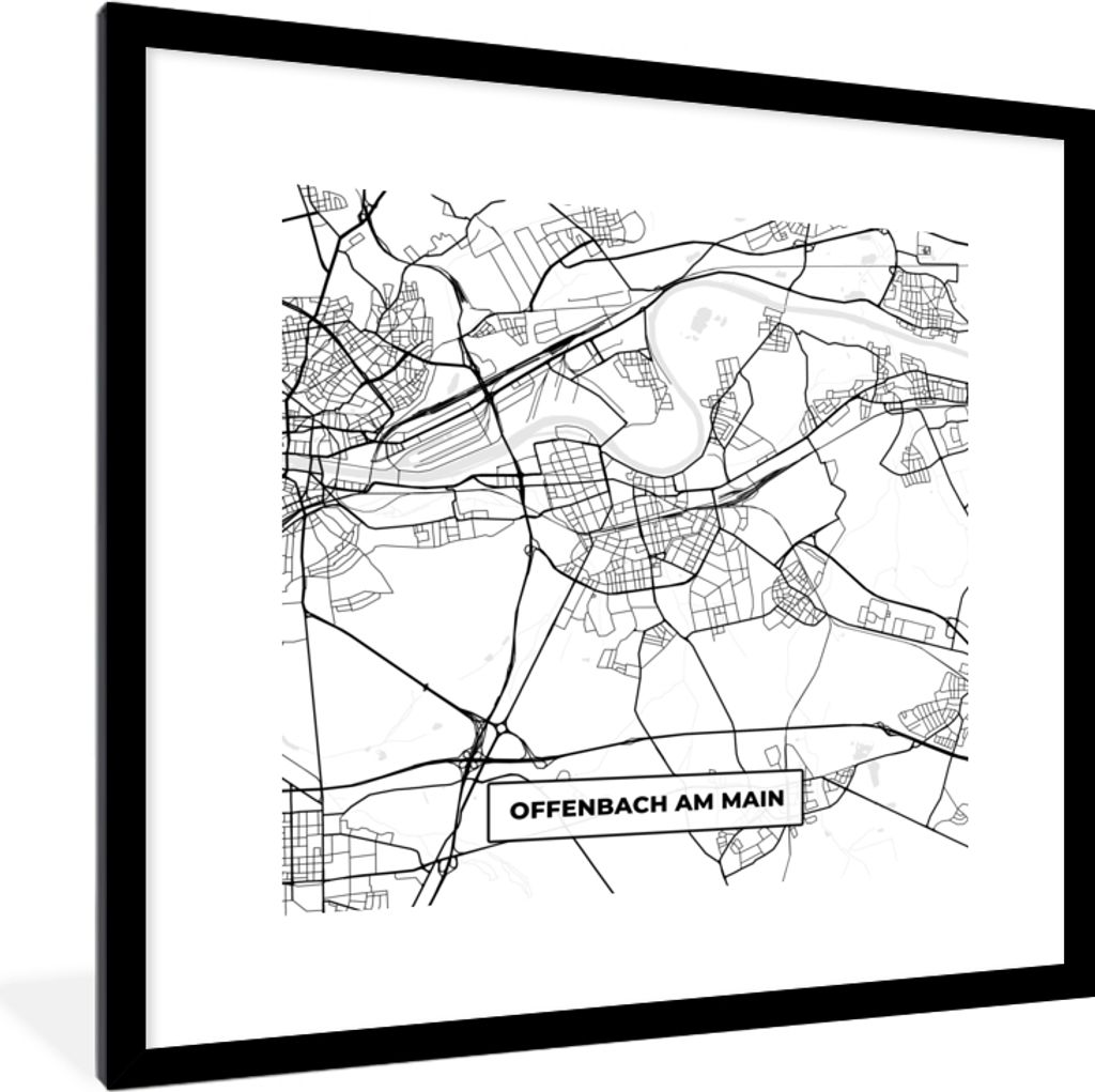 MuchoWow Gerahmtes Poster Offenbach am Main - Stadtplan - Karte 40x40 cm - Poster mit Schwarzem Bilderrahmen Wandposter Rahmen Foto Bilder - Post...