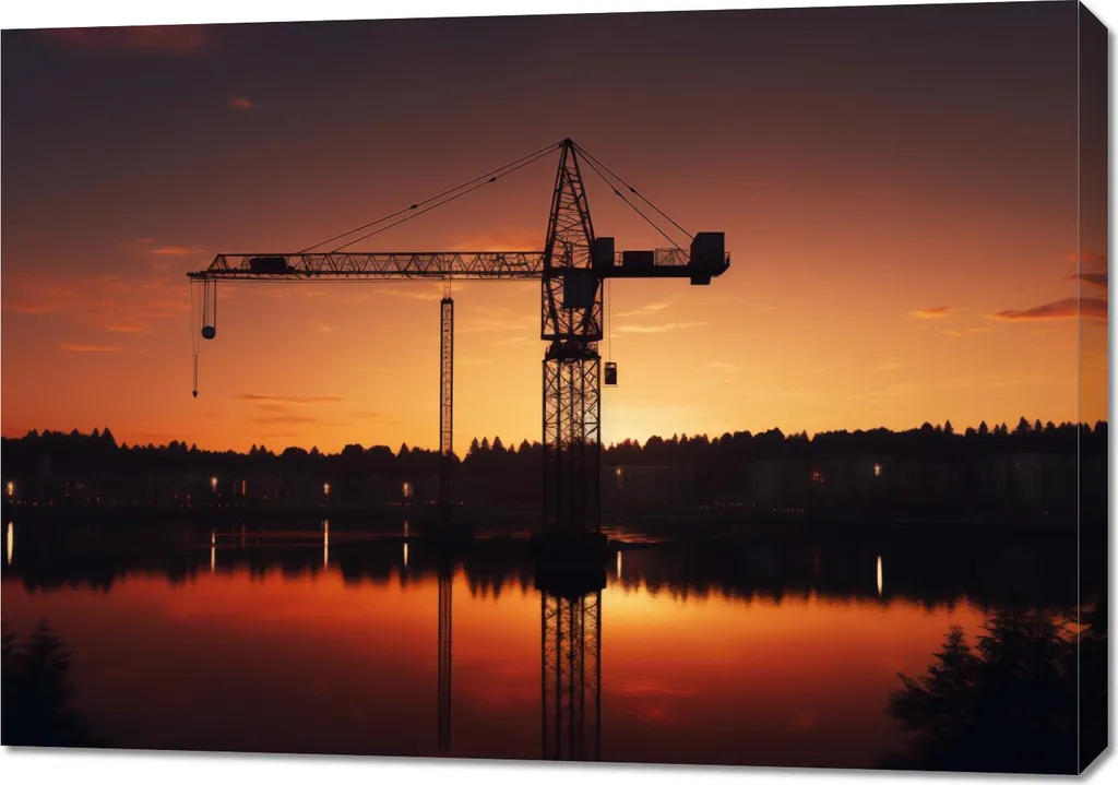 Quadro 100x70 cm Tramonto sul Porto con Gru - Stampa su Tela Canvas
