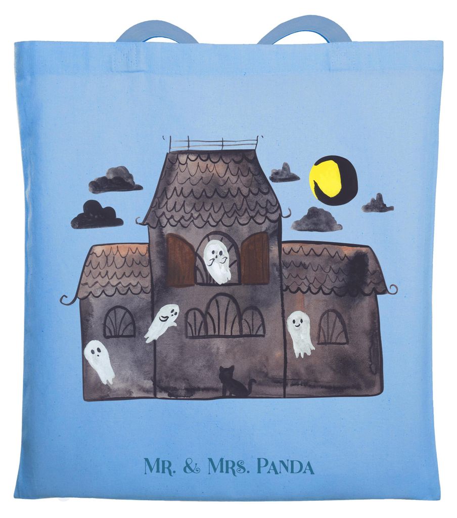 Mr. & Mrs. Panda Tote Bag Geister Villa - Sky Blue - Geschenk, Jutebeutel, Tasche, Shopping, Schultasche, Laptoptasche, Dekoration