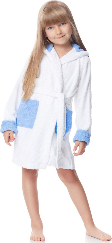 Ladeheid Kinder Frottee Bademantel aus 100% Baumwolle LA40-103 (Weiß/Blau (P1/M9), 98-104)