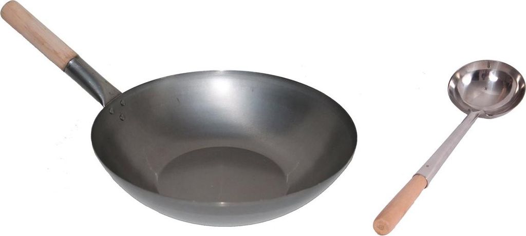WOK SET, 38FB-K02, Wok Pfanne 38 cm Ø flacher Boden Kohlenstoffstahl + Wokkelle 02 Edelstahl 44 cm mit Holzgriff genietet, Pfanne geeignet für Ga...
