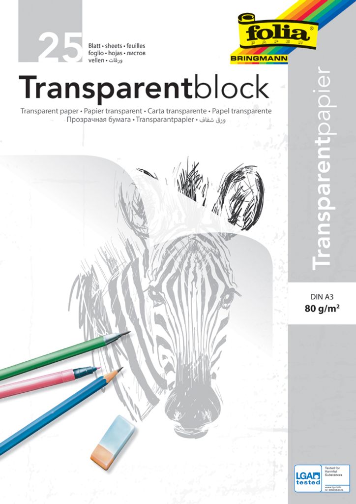 A product shot of transparent paper with a sketch of a zebra and colored pencils.