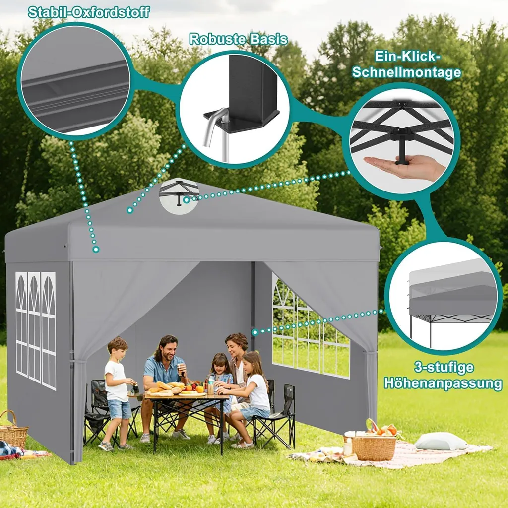 Gazebo Pieghevole 2,5x2,5 m Sessamen-LP Impermeabile Grigio per Giardino - 6