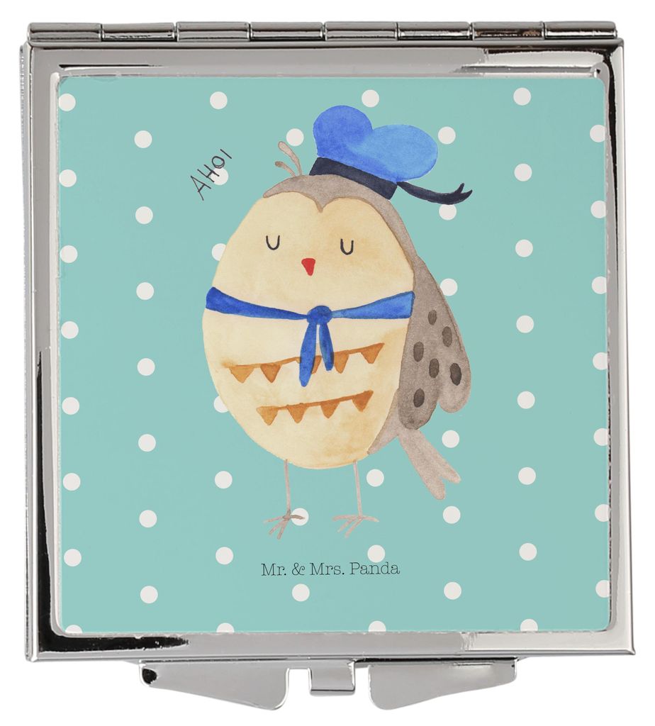 Mr. & Mrs. Panda Schminkspiegel Eule Matrose - Türkis Pastell - Geschenk, Klappbarer Spiegel, Freundin, Heimathafen, Handspiegel, Mini, Owl, Ehe, ...