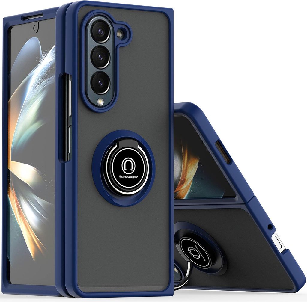 Hülle für Samsung Galaxy Z Fold 6 Matte Transluzent TPU Stoßfest Schutzhülle mit Ring Halter Ständer Blau