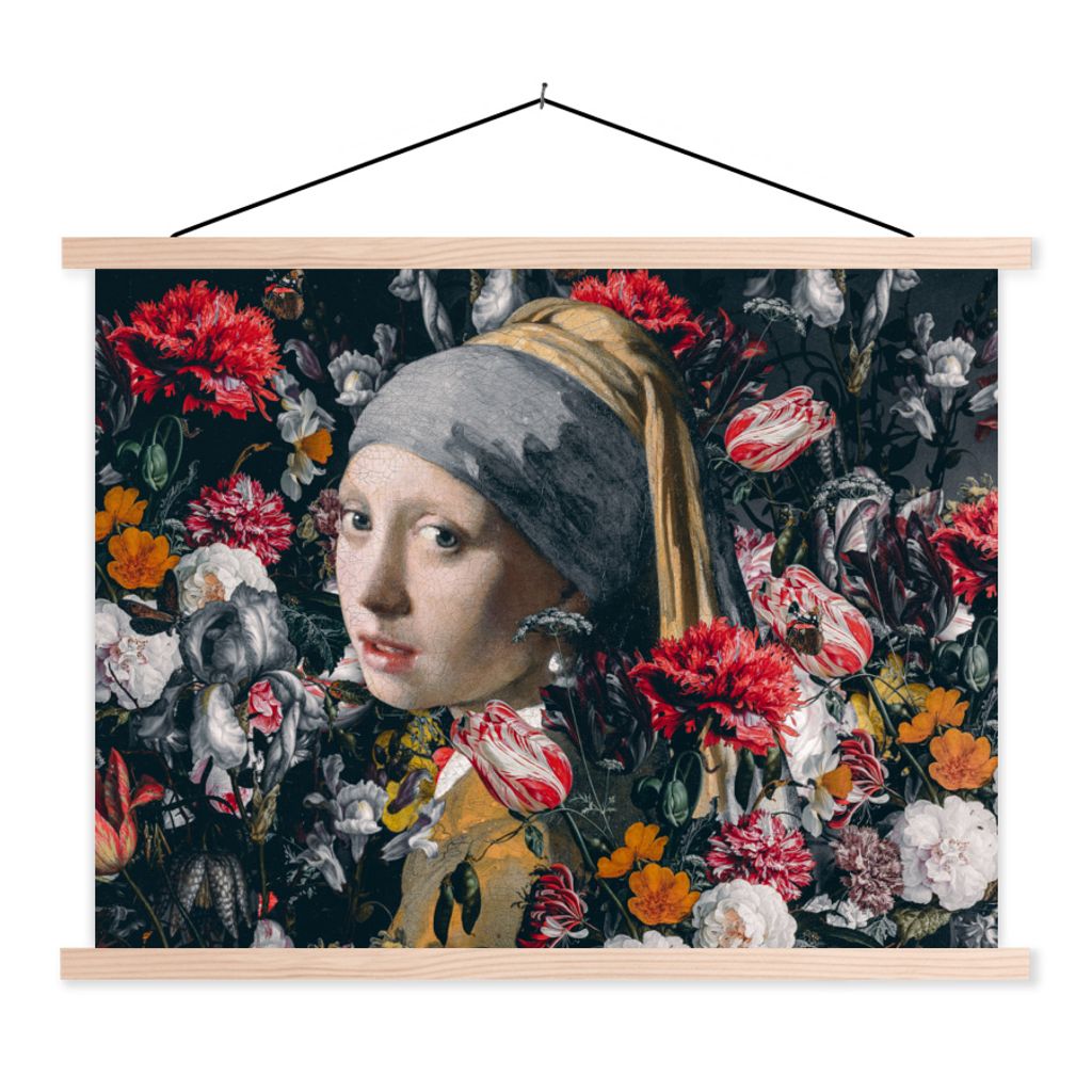 MuchoWow Textilposter Das Mädchen mit dem Perlenohrring - Blumen - Johannes Vermeer 150x113 cm mit holzfarbenen Rahmen - Poster