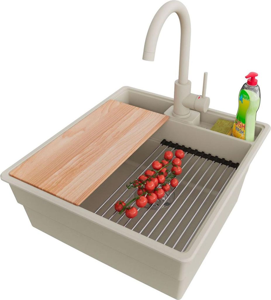 PRIMAGRAN Granitspüle Beige 48x53cm, Spülbecken 1 Becken + Küchenarmatur 32x20cm + Ablauf-Set + Küchenzubehörset, Küchenspüle ab 50er Unters...