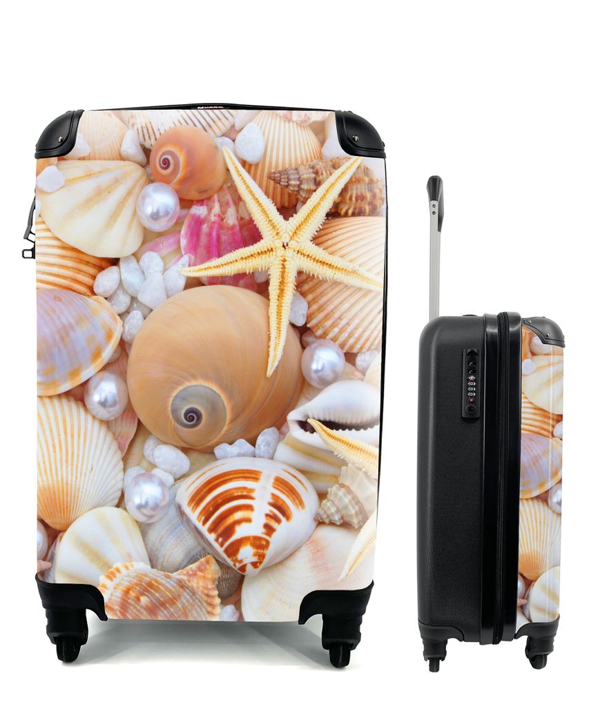 MuchoWow Koffer Handgepäck Trolley Rollkoffer Kleine Reisekoffer mit 4 Rollen - Muscheln - Perlen - Seesterne - Strand - Cabin Size < 55x40x23 c...