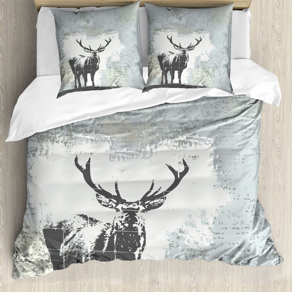 ABAKUHAUS Geweih Bettbezug, Hirsch Silhouette Grunge, Milbensicher Allergiker geeignet mit Kissenbezügen, 155 cm x 220 cm - 80 x 80 cm, Grau schwarz