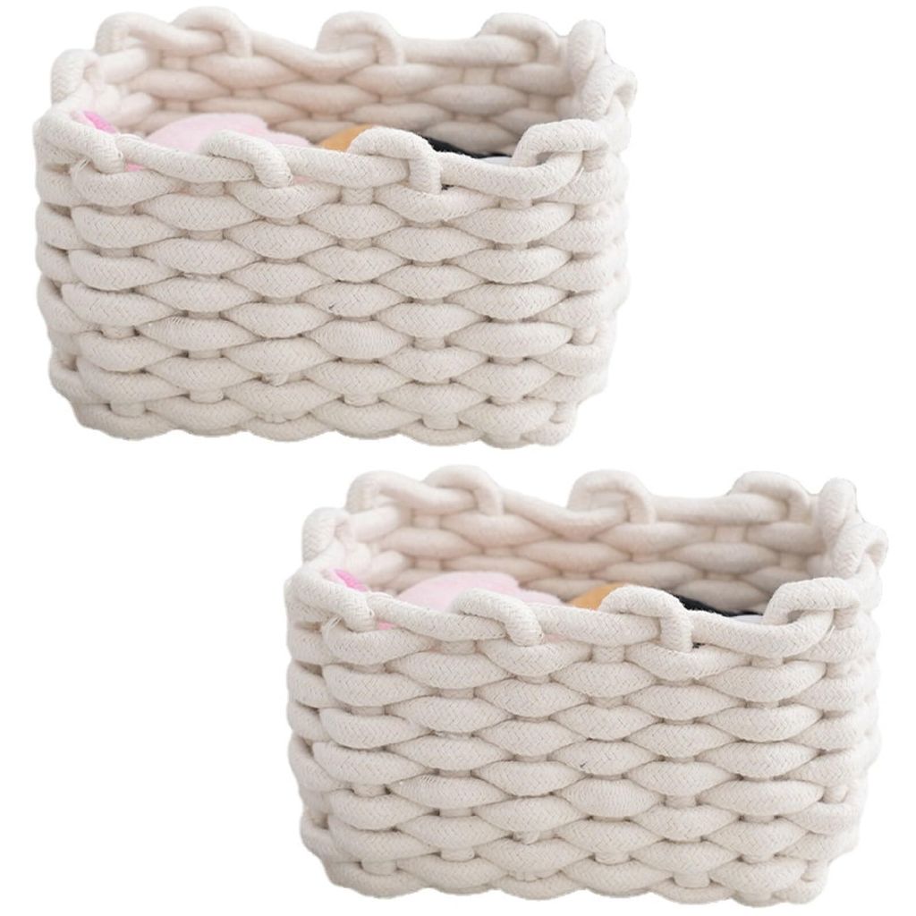 2er Set Aufbewahrungskorb Geflochten Baumwolle Strickkorb, Korb Aufbewahrung Klein Körbchen Wickeltisch Organizer, Dekorative Speicher (Weiß)