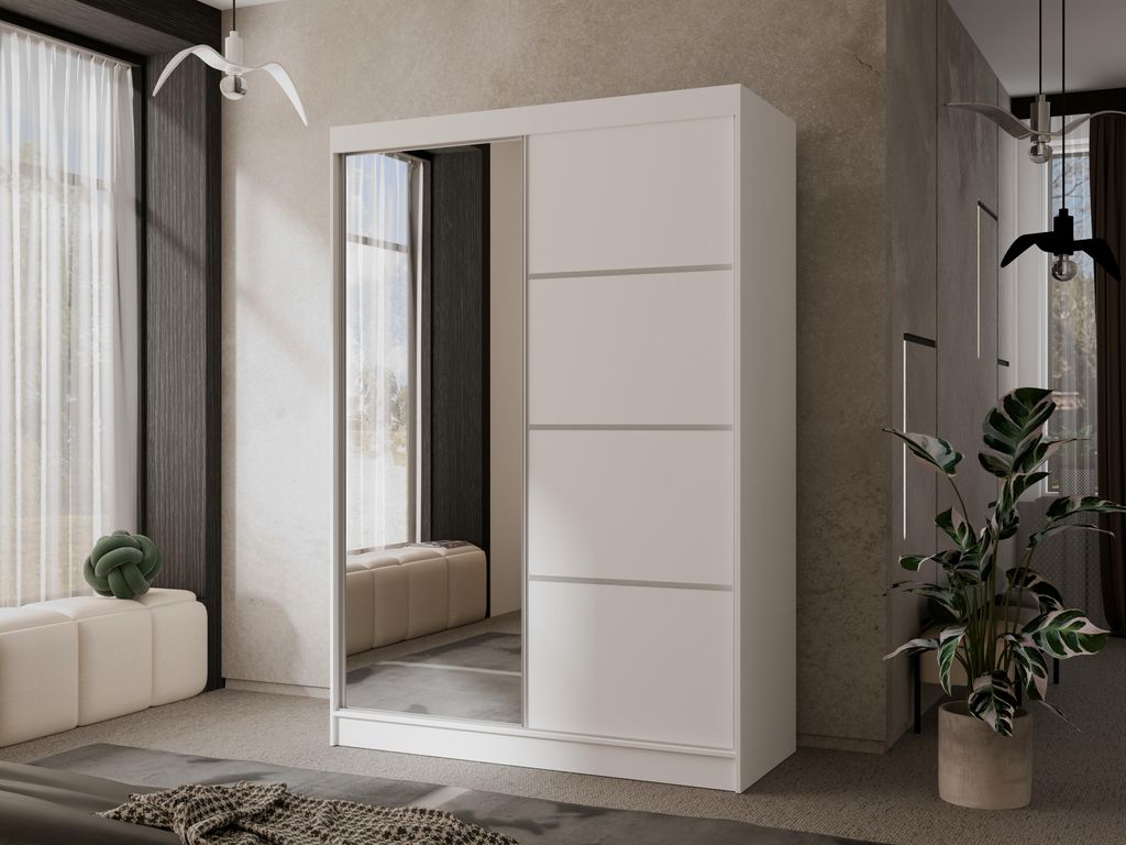 Modern Kleiderschrank mit Spiegel Matteo I 120 cm Spiegelschrank mit 2 Schiebetüren weiß Schrank Garderobenschrank, Farbe: Weiß, silberne Alumin...