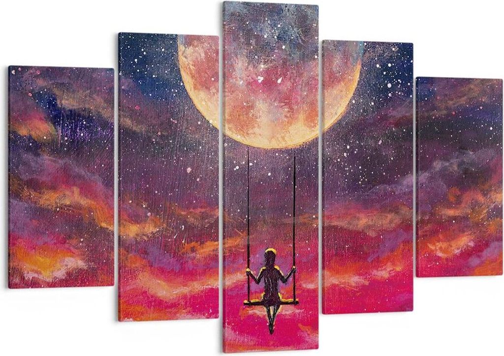 Bild auf Leinwand - Leinwandbild - 5 Teile - Mond Schaukel Frau - 150x100cm - Wand Bild - Wanddeko - Wandbilder - Leinwanddruck - Bilder - Wanddeko...