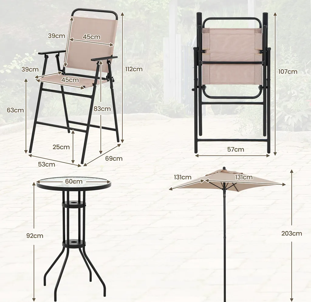 Set bistrot pliable 4 pièces : table, chaises et parasol de protection