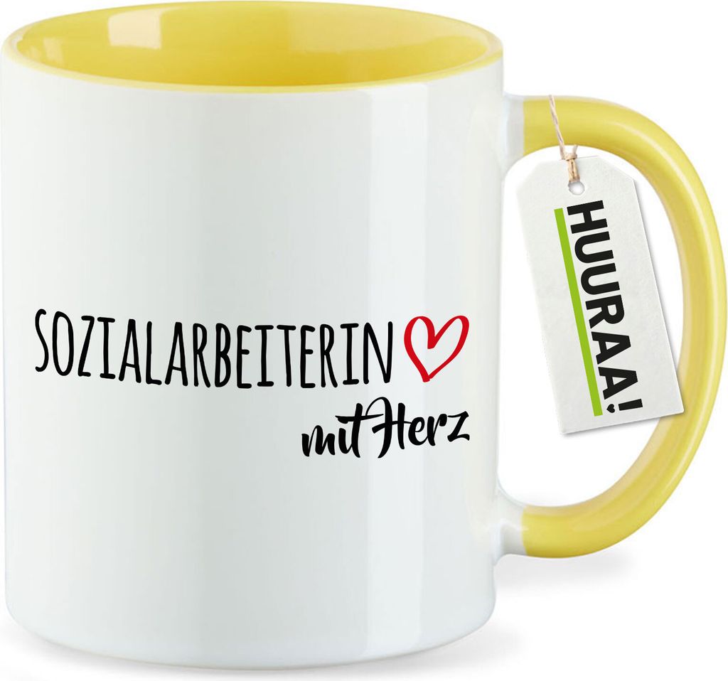 Huuraa Kaffeetasse Sozialarbeiterin mit Herz 330ml Gelb Keramik Kaffeebecher Geschenkidee