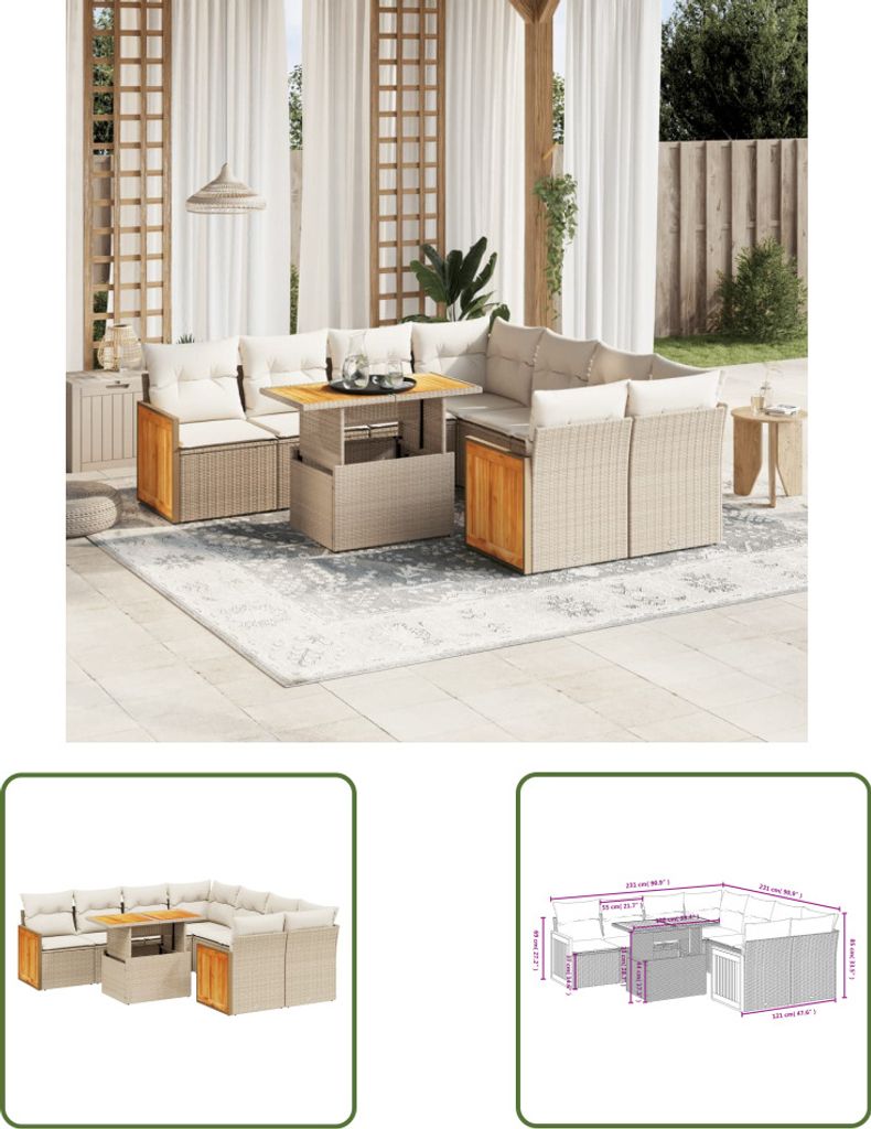 The Living Store 9-tlg. Garten-Sofagarnitur mit Kissen Beige Poly Rattan